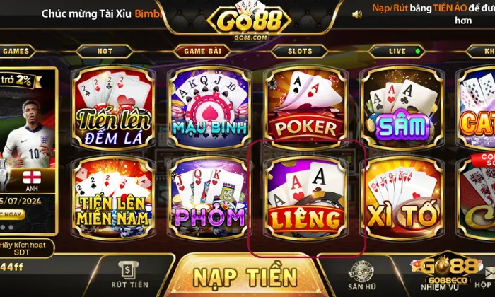liêng go88 Chọn Liêng trên giao diện chính của Go88