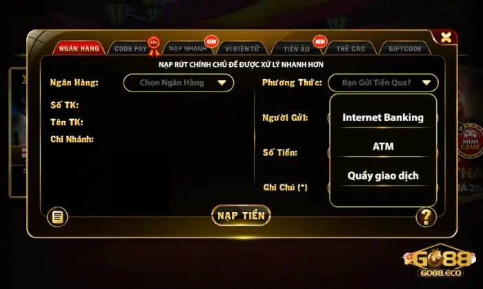 nạp tiền Go88 Nạp tiền tại Go88 qua ngân hàng dễ dàng
