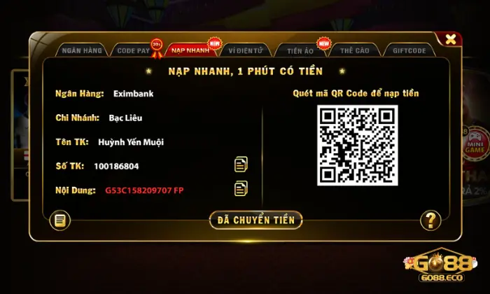 nạp tiền Go88 Hình thức nạp nhanh tại Go88