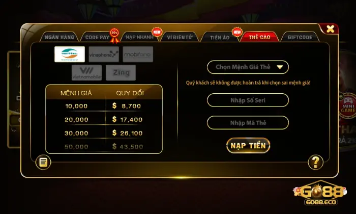 nạp tiền Go88 Nạp tiền Go88 qua thẻ cào